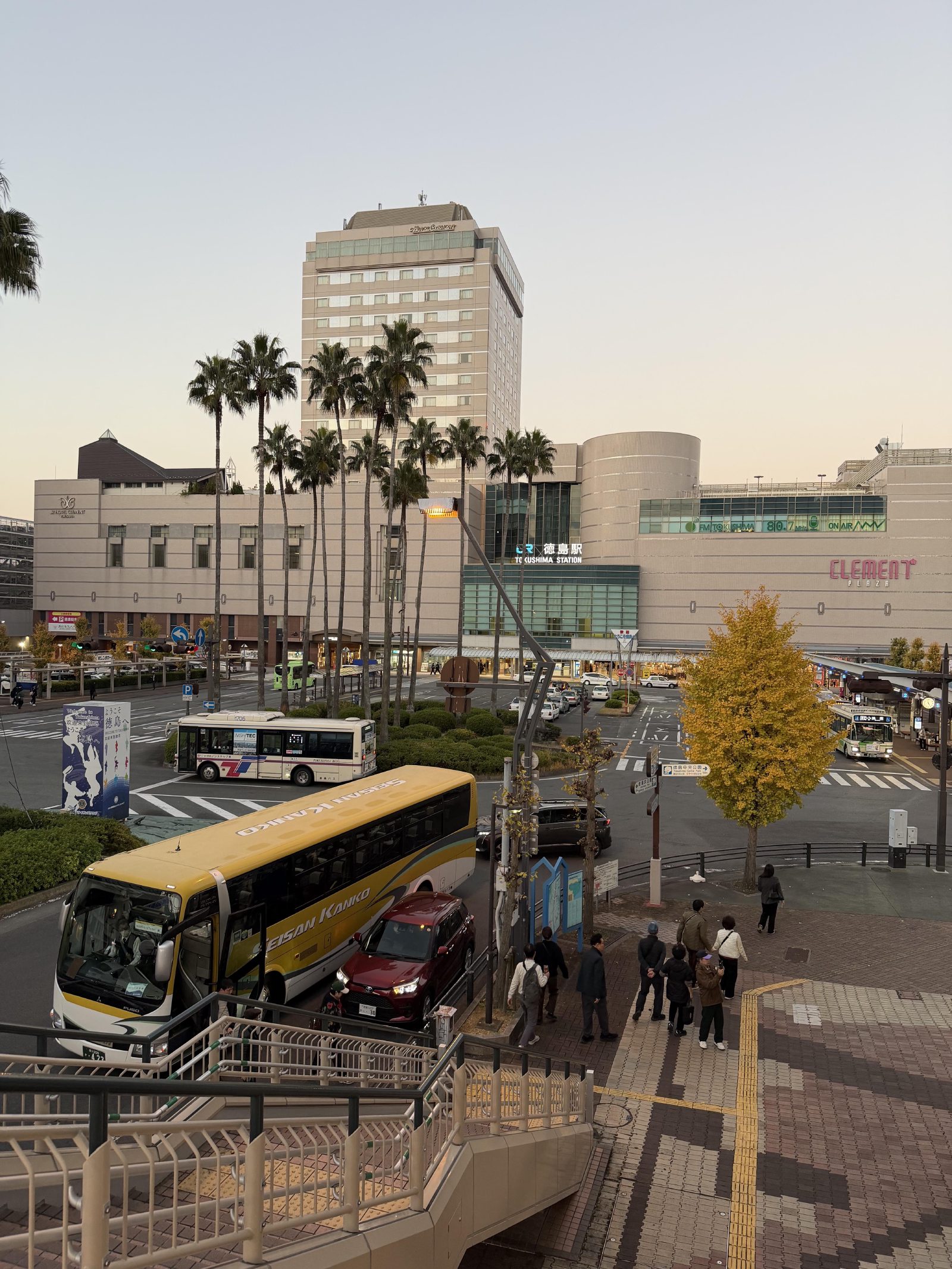 Tokushima Station, buses and ginkgo trees